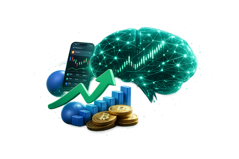 AI-powered crypto trading — brain, charts, and Bitcoin