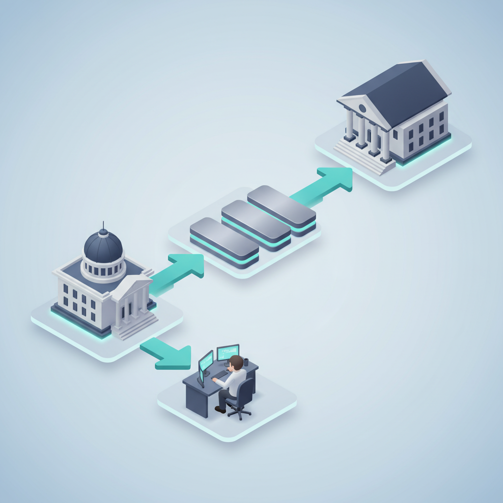 Isometric 3D flowchart showing regulatory compliance pathways for Australian crypto traders including AUSTRAC and ASIC requirements