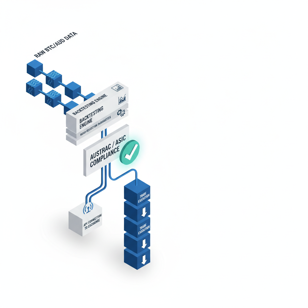 Isometric 3D flowchart of algo trading pipeline: data input, backtesting, compliance gate with teal checkmark, API connection, and trade execution as descending cubes