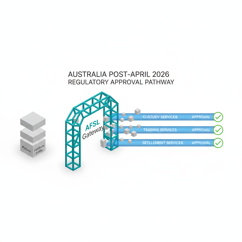 Isometric 3D flowchart depicting Australian exchange regulatory approval process and AFSL licensing gateway