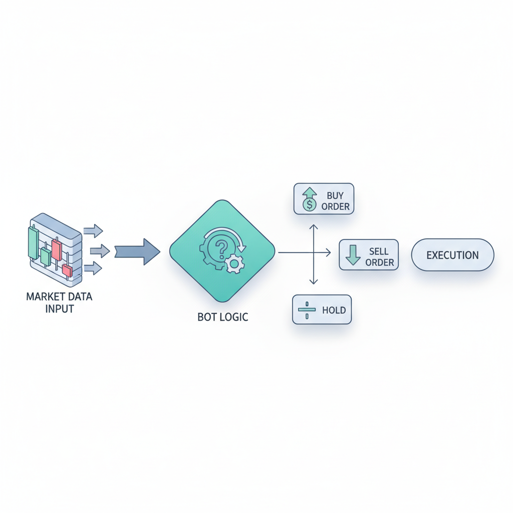 Isometric flowchart displaying algorithmic trading bot decision-making process
