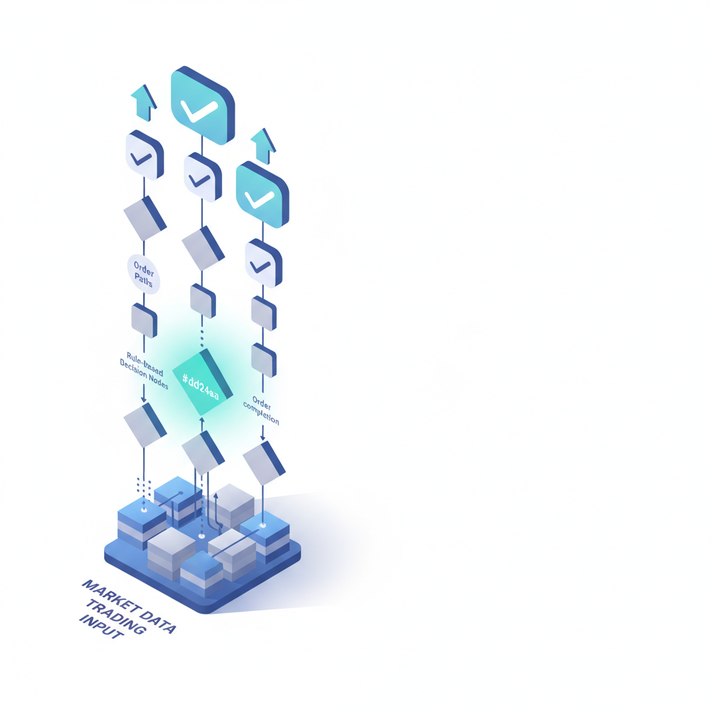 Isometric 3D flowchart showing algorithmic trading decision process from data input through execution