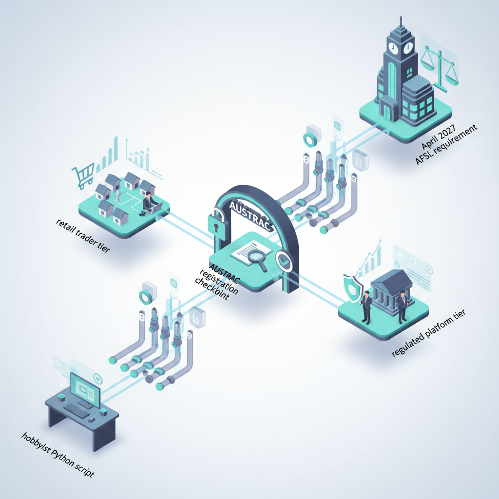 Isometric flowchart showing crypto algo trading progression through Australian regulatory checkpoints