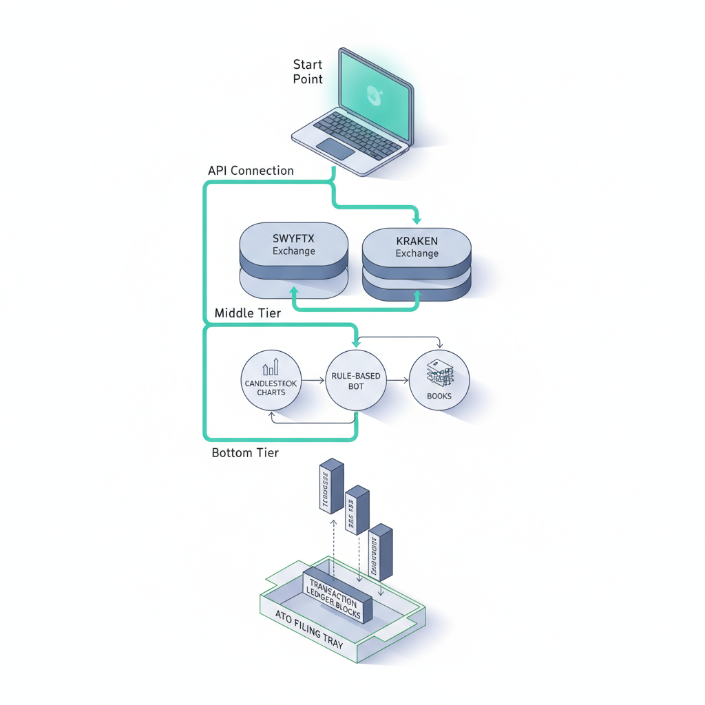 Isometric 3D flowchart showing API connection and automated bot execution flow from exchanges to ATO compliance