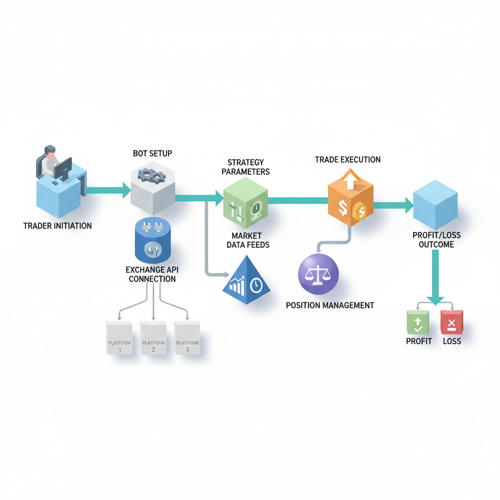 Isometric flowchart showing how algorithmic trading bots connect to exchanges and execute trades
