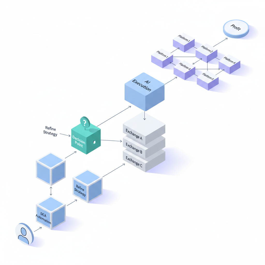 Isometric 3D flowchart showing crypto algo trading workflow from user through DCA, backtesting, and multi-exchange execution nodes