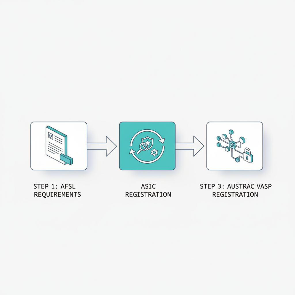 Three-step regulatory flow showing AFSL, ASIC, and AUSTRAC requirements in isometric 3D style