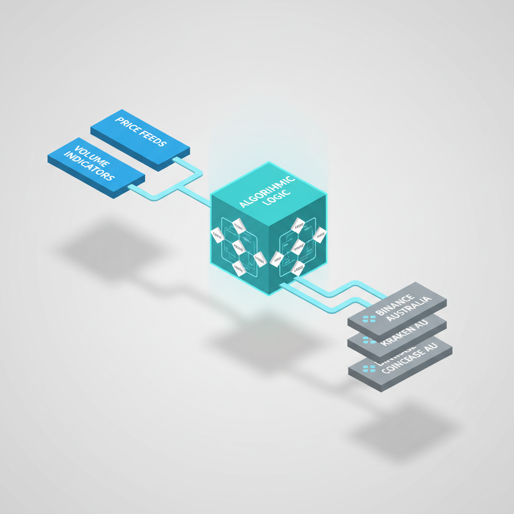 Isometric 3D flowchart depicting the automated algo trading workflow from market data input through algorithmic processing to exchange execution
