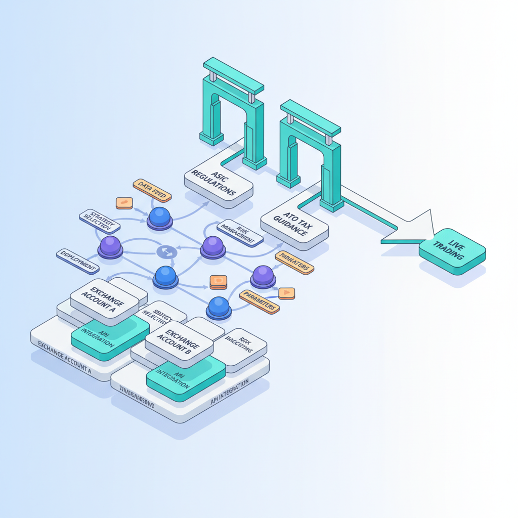 Isometric 3D flowchart showing layers of crypto algo trading setup from exchange accounts through bot configuration to regulatory compliance checkpoints