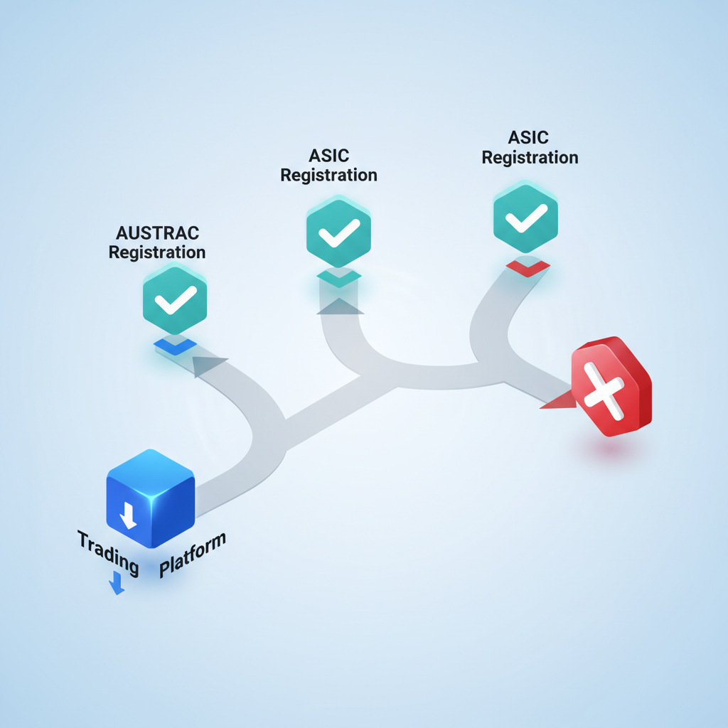 Isometric 3D flowchart showing three regulatory pathways for Australian crypto platforms with success and failure outcomes