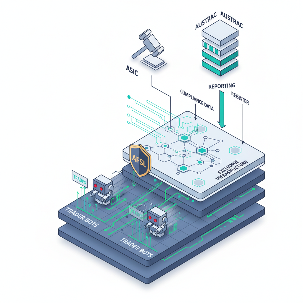 Isometric 3D flowchart showing regulatory compliance layers for Australian crypto algorithmic traders