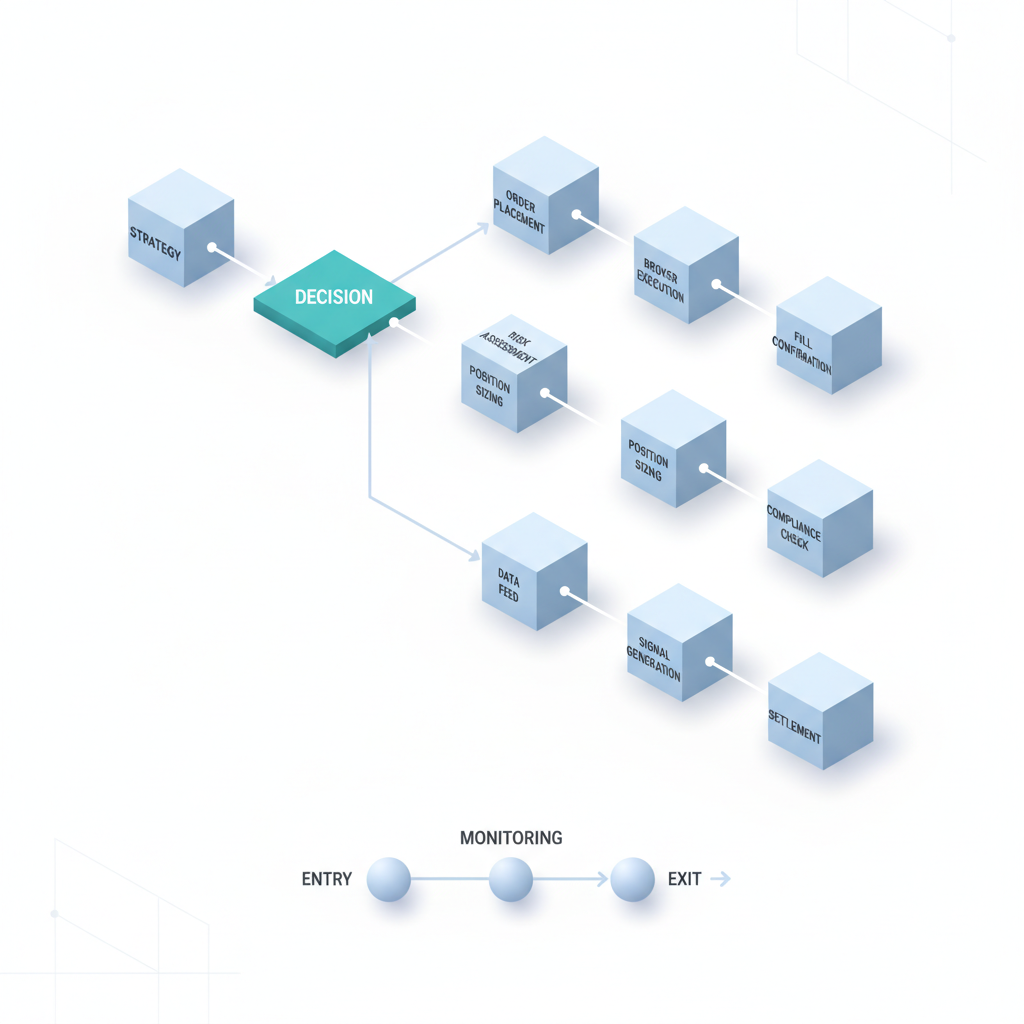 Isometric 3D flowchart showing crypto algo trading execution pipeline with strategy blocks, decision points, and settlement stages