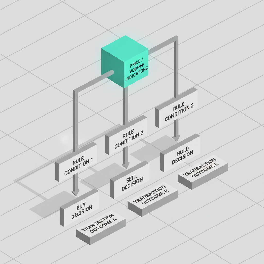 Isometric flowchart of algorithmic trading rule logic and execution pathways