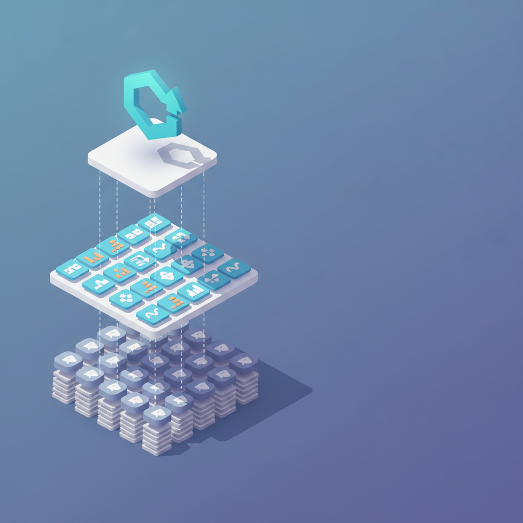 Isometric 3D layered visualization of crypto signal tools comparing noise-based services to dedicated indicators