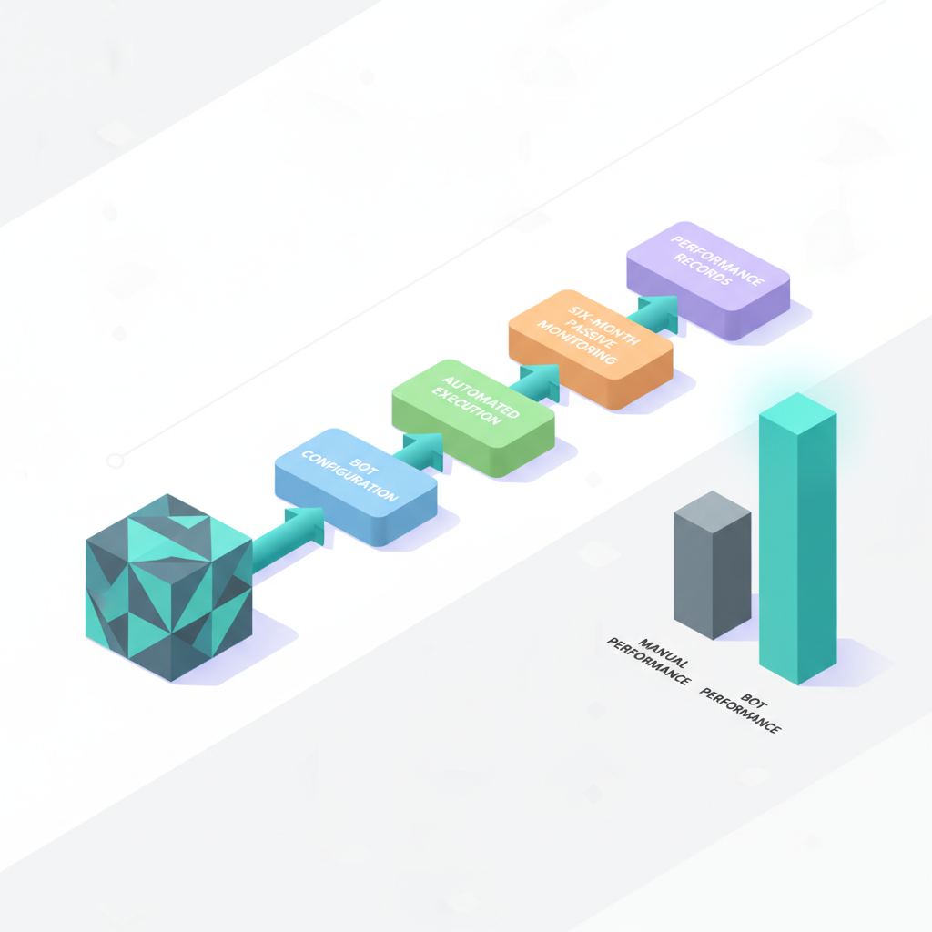 Isometric 3D flowchart of crypto algo trading process from setup through six-month passive execution to results