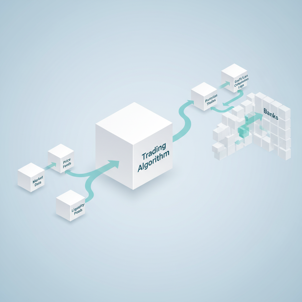 Isometric 3D flowchart showing inputs, algorithm processing, and outputs of crypto algo trading system