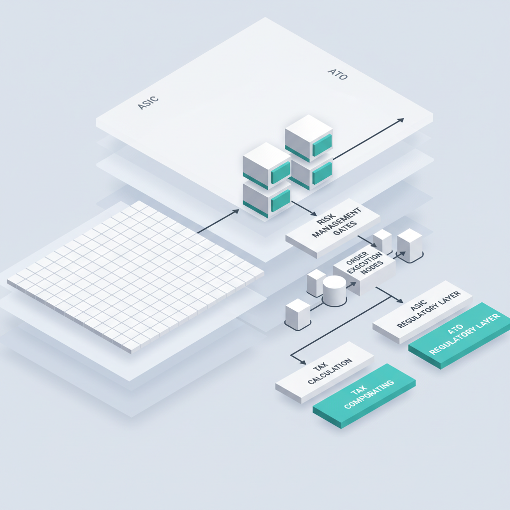 Isometric 3D algo trading workflow with compliance gates infographic