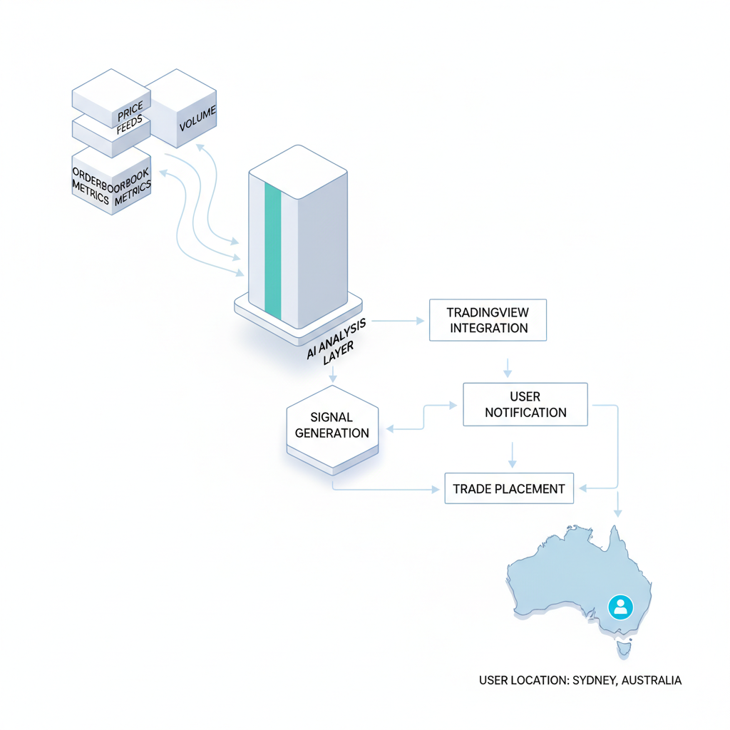 Isometric 3D flowchart showing CryptoAlgo signal generation and execution process
