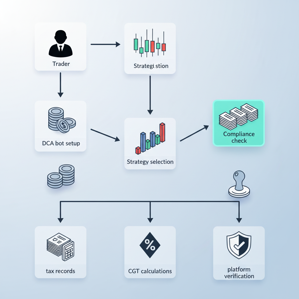 Isometric 3D flowchart showing crypto algo trading decision paths including DCA bot, strategy selection, and compliance verification