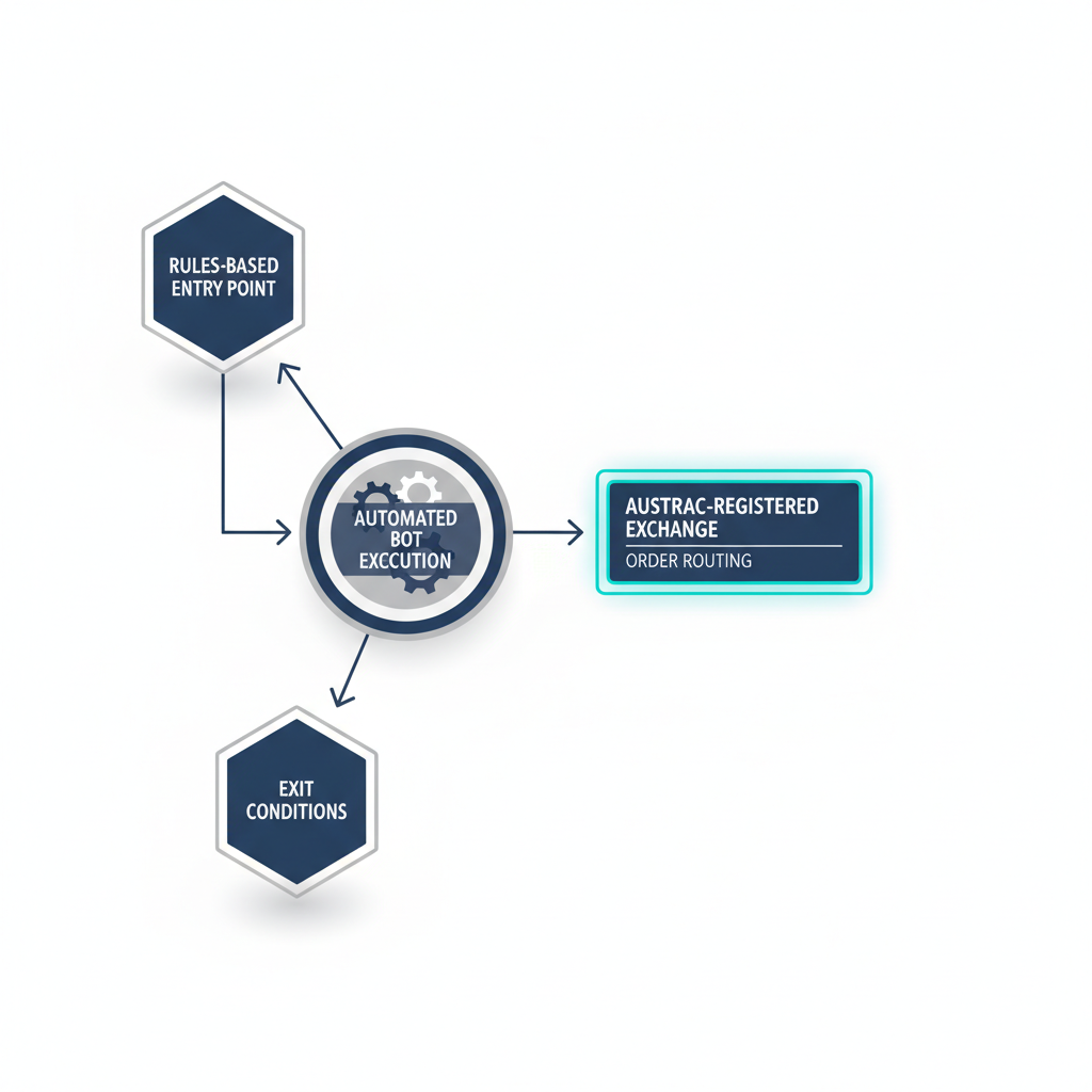 Isometric 3D flowchart showing automated rule-based crypto trading execution through regulated Australian exchanges