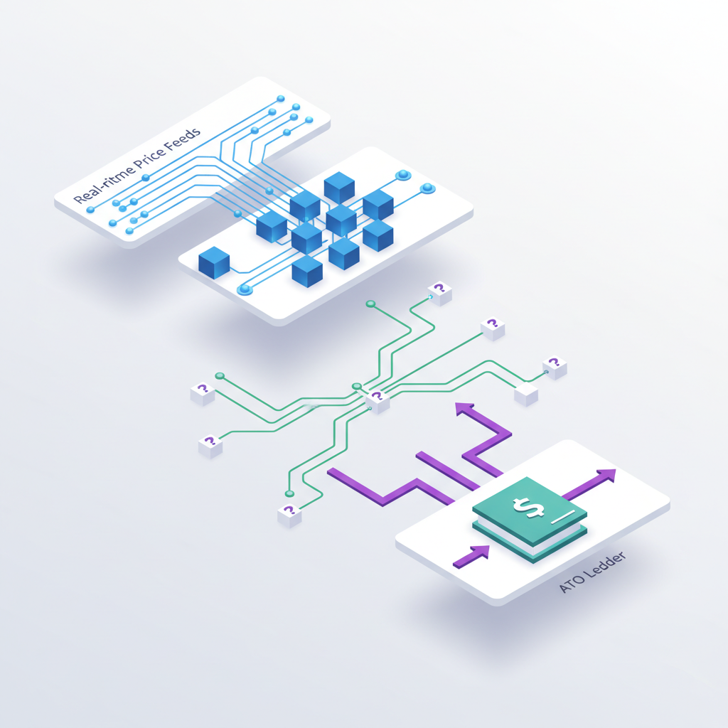 Isometric 3D flowchart of algorithmic trading workflow from market data through bot execution to tax reporting