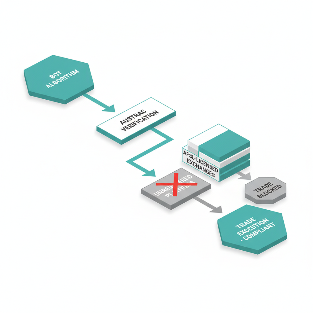 Isometric 3D flowchart showing compliant vs non-compliant crypto trading pathways in Australia