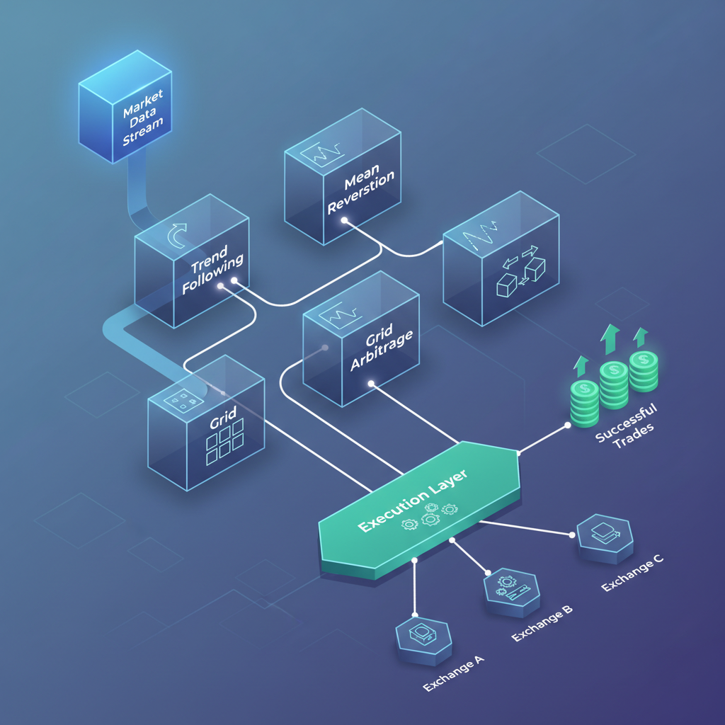Isometric 3D flowchart showing four crypto algo trading strategies (trend following, mean reversion, grid trading, arbitrage) flowing from market data through execution to trade outcomes