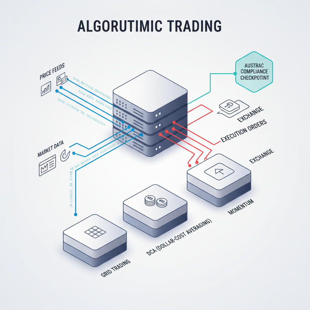 Isometric 3D data visualization of algorithmic trading infrastructure with server, data flows, and strategy bars in grey and teal