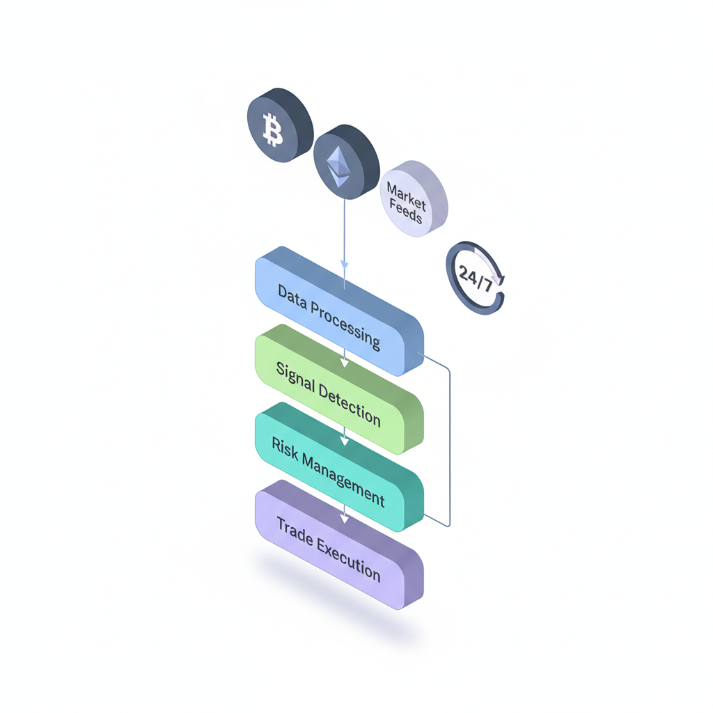 Isometric 3D flowchart displaying algorithmic trading pipeline from data sources through processing, signals, risk management, to execution
