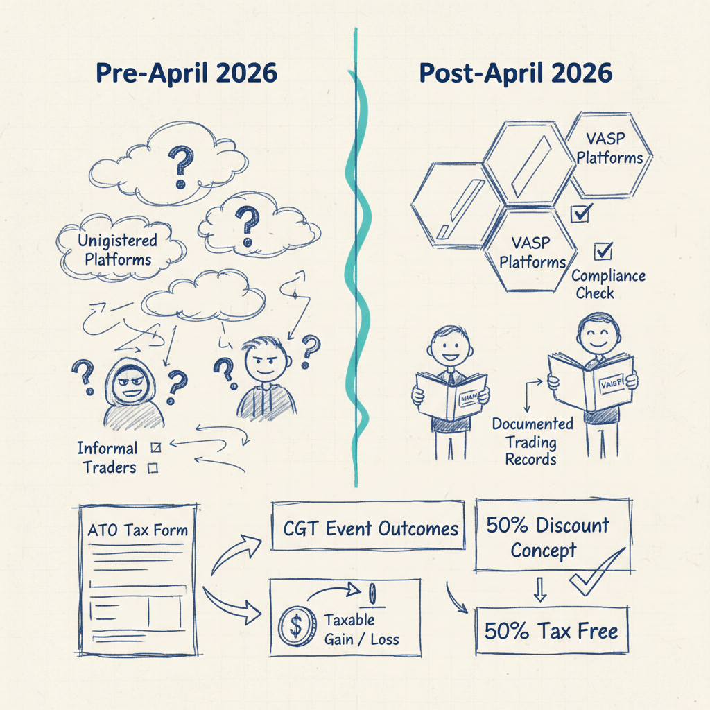 Hand-drawn sketch comparison showing pre and post-April 2026 regulatory changes for Australian crypto trading platforms and tax implications