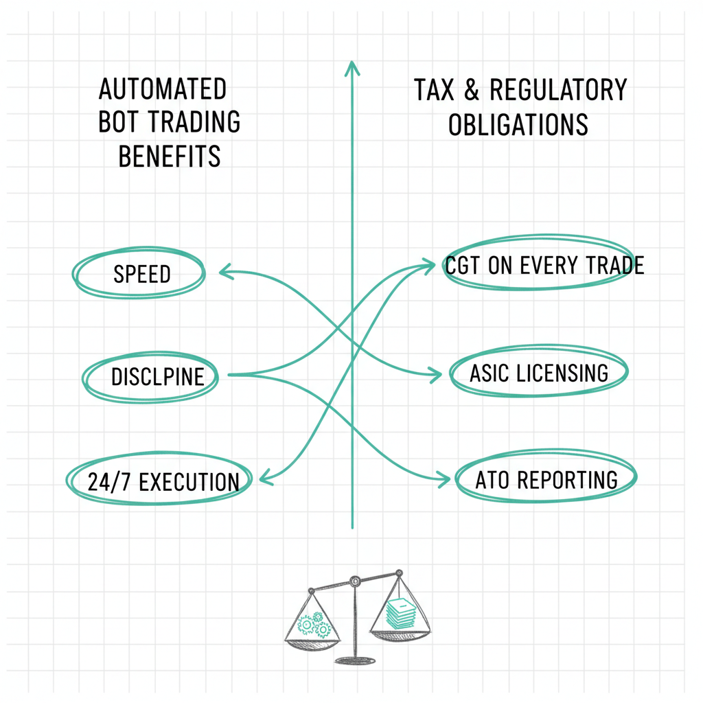Hand-drawn sketch comparison chart contrasting algo trading advantages against Australian regulatory and tax requirements