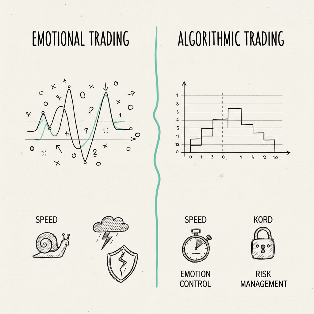 Hand-drawn sketch comparison: left shows chaotic wavy line representing emotional trading, right shows clean step function for algorithmic trading, separated by teal accent line with comparison nodes below