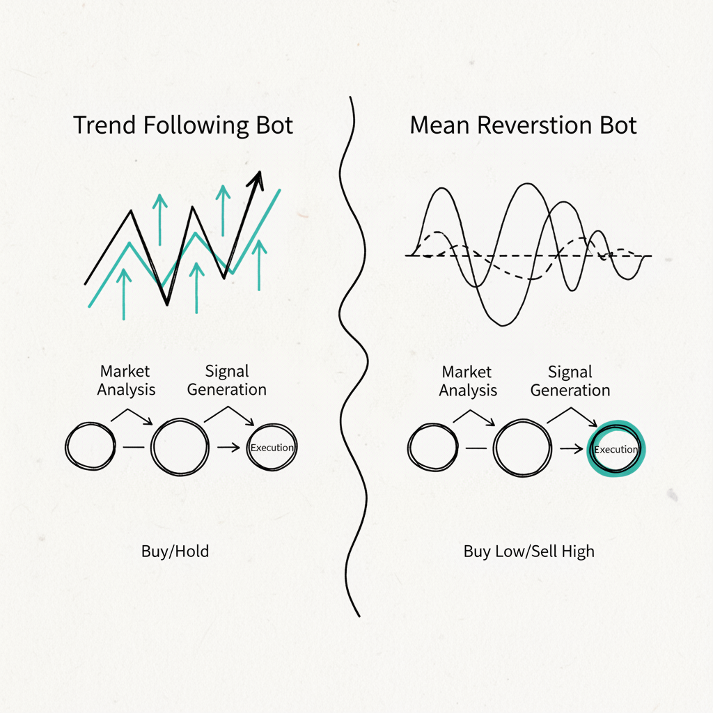Hand-drawn sketch comparison diagram of trend following versus mean reversion algorithmic trading strategies