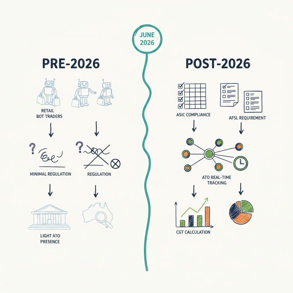 Hand-drawn sketch comparison showing regulatory transformation in Australian crypto trading before and after 2026, highlighting compliance and tax tracking changes