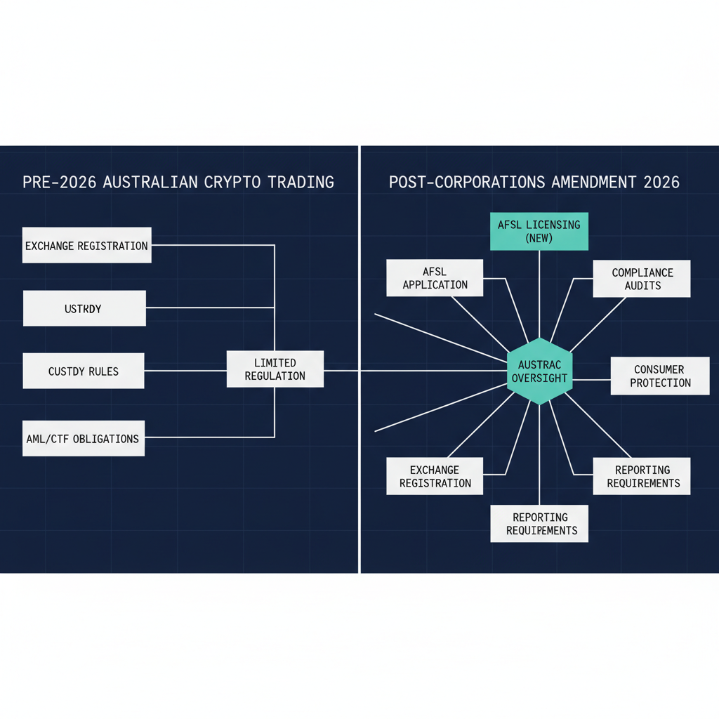Data visualisation comparison chart showing pre and post-2026 Australian crypto trading regulatory requirements