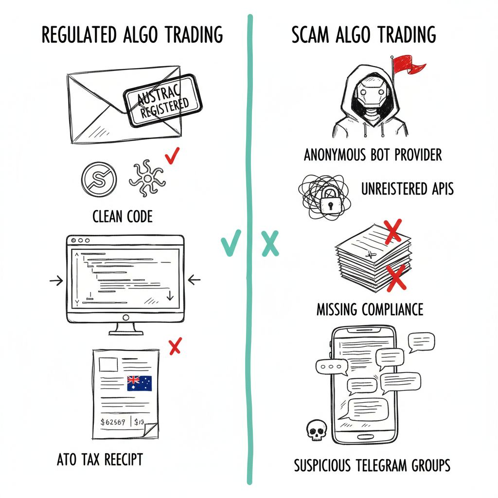 Hand-drawn comparison infographic of legitimate vs. fraudulent crypto algo trading operations in Australia