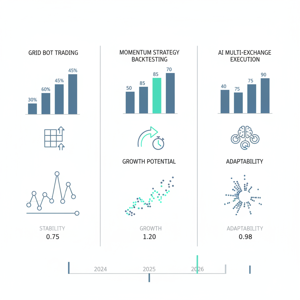 Data visualisation comparison chart of three crypto trading strategies: grid bots, momentum backtesting, and AI execution with 2024-2026 timeline