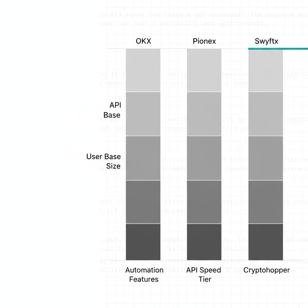 Comparison chart of four trading platforms showing metrics for automation, speed, user base, and compliance