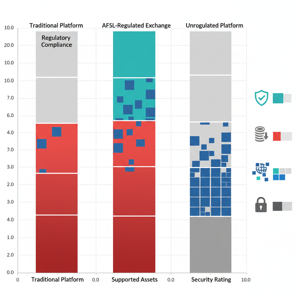 Data visualisation comparison chart segmenting Australian crypto platforms by regulatory compliance, fees, assets, and security ratings
