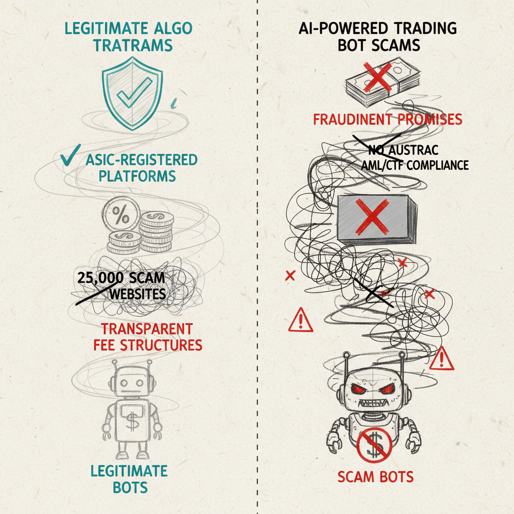 Hand-drawn sketch infographic comparing legitimate crypto algo trading pathway against scam trading bot pathways with regulatory warning indicators