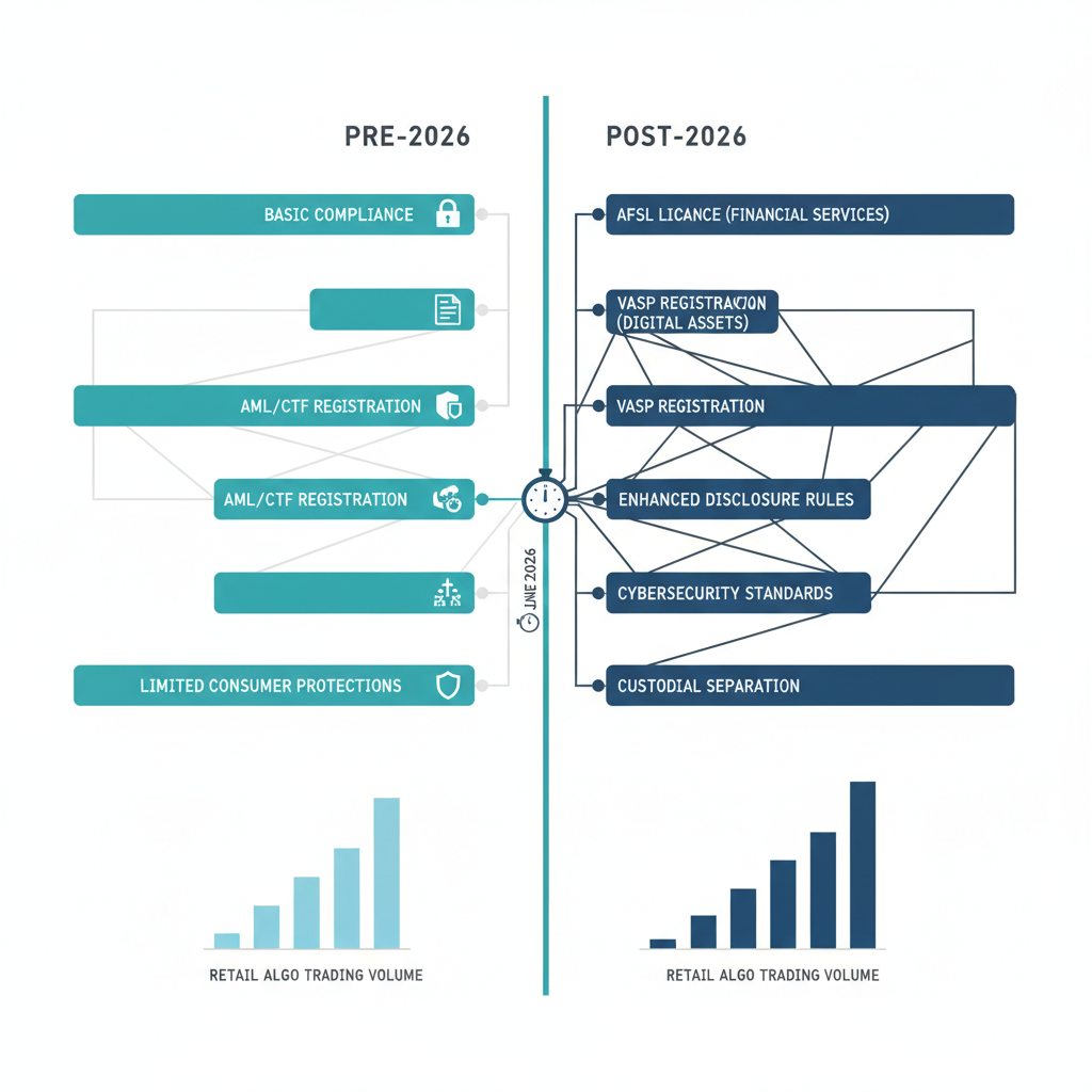 Data visualisation comparing pre-2026 and post-2026 regulatory requirements for Australian crypto platforms