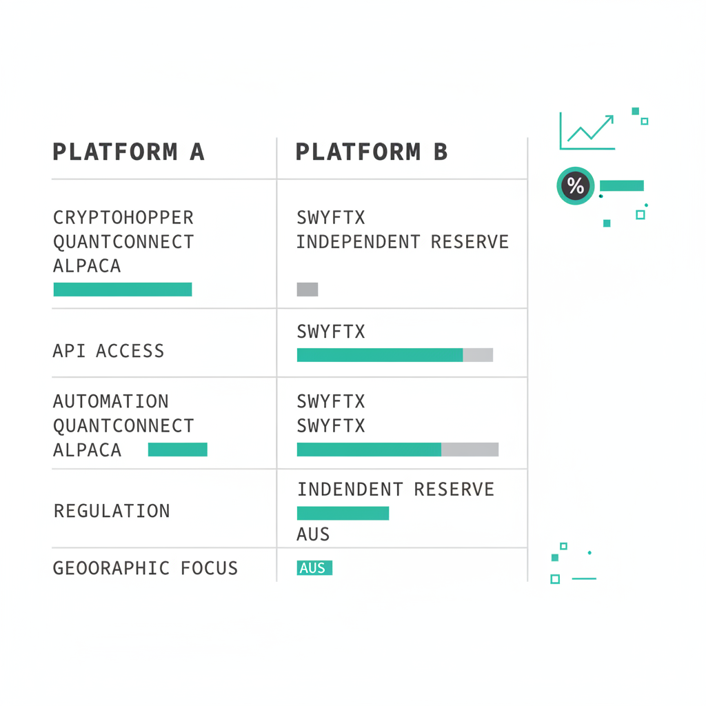 Data visualisation comparison chart of Australian crypto trading platforms showing features, API access, and regulatory status