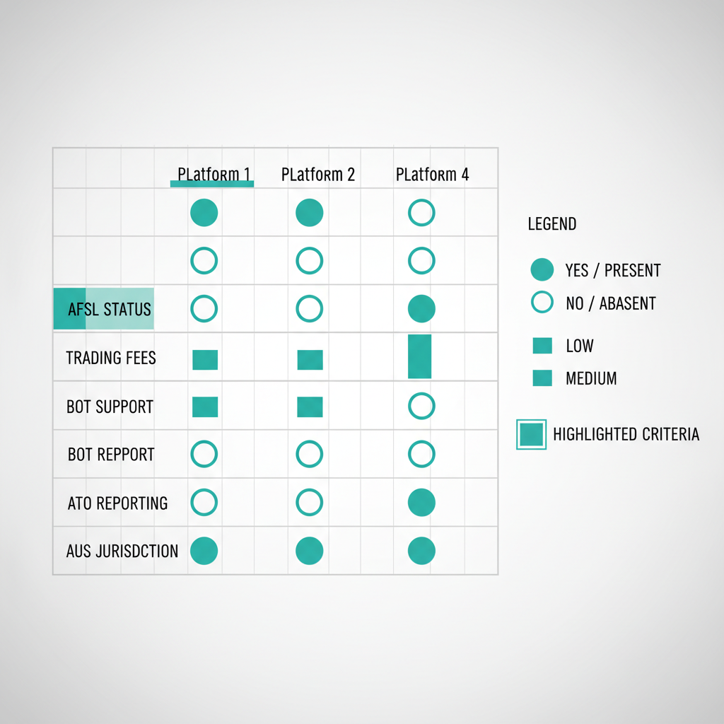 Comparison matrix chart of Australian crypto trading platforms against regulatory and feature criteria