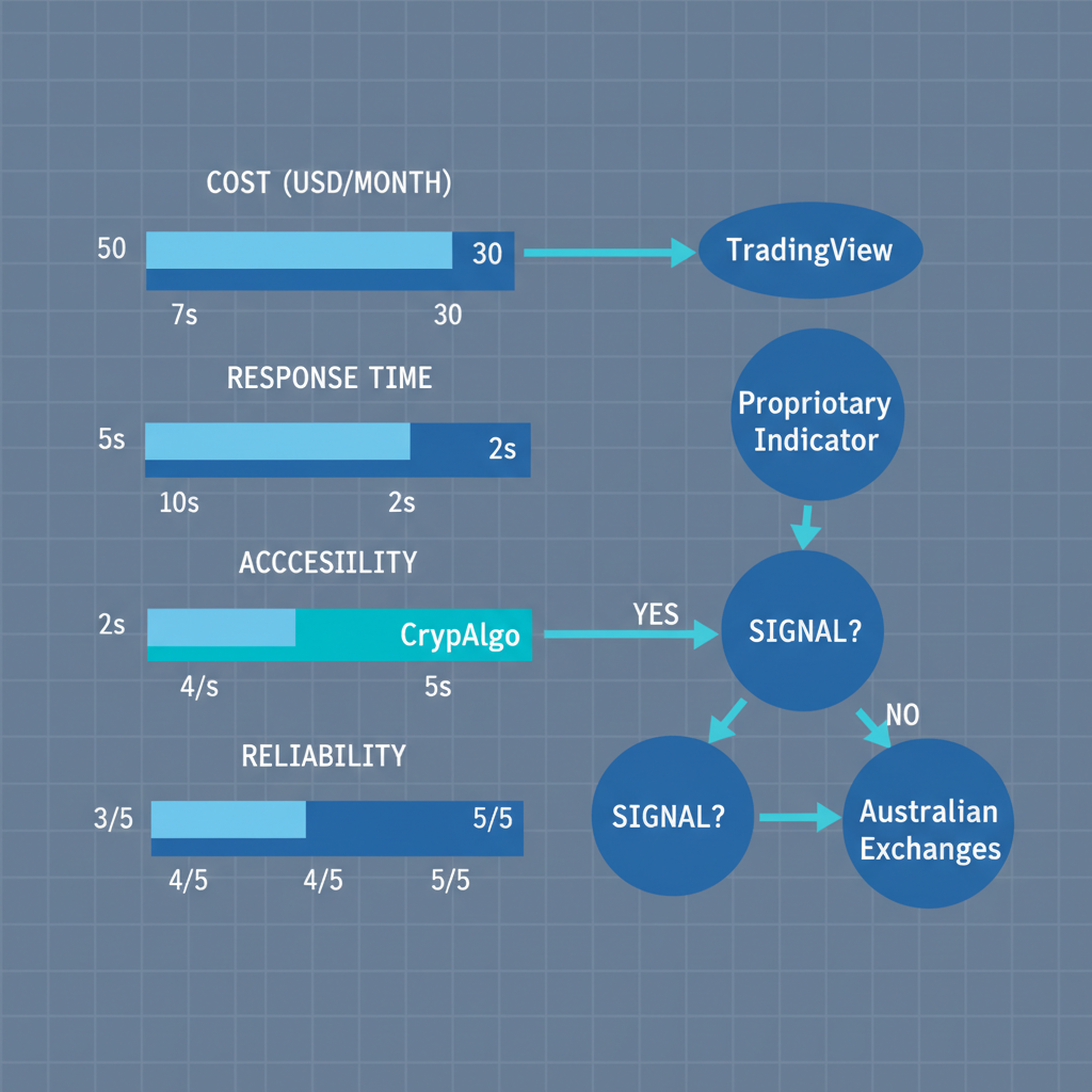 Data comparison chart and flow diagram showing CrypAlgo metrics versus competitors and integration pathway