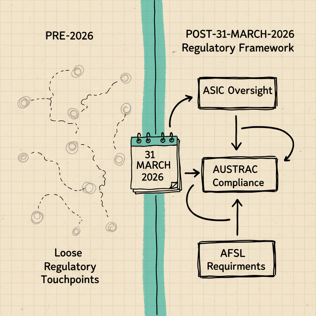 Hand-drawn sketch comparison of Australian crypto regulatory environment before and after March 2026 AUSTRAC expansion
