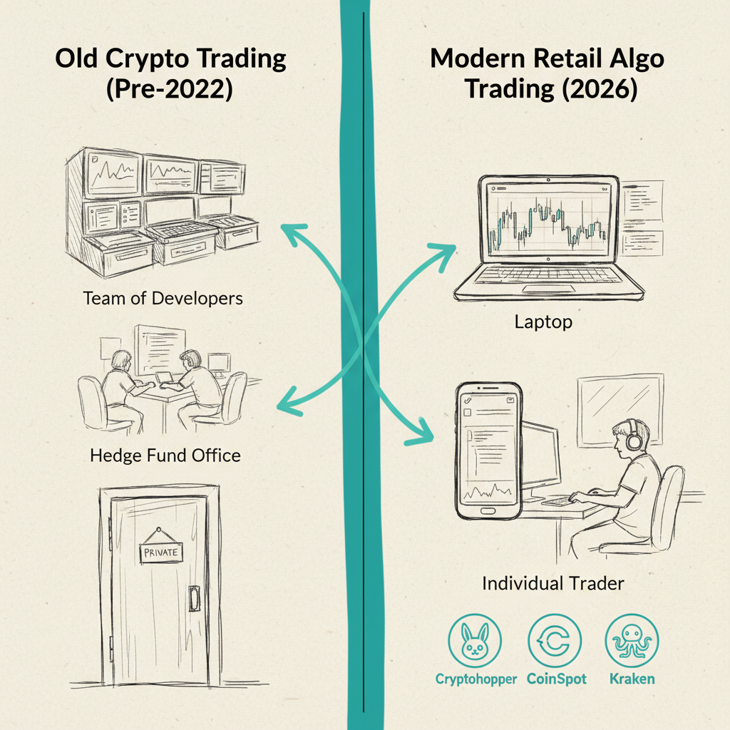 Hand-drawn comparison diagram contrasting historical and modern Australian crypto trading accessibility