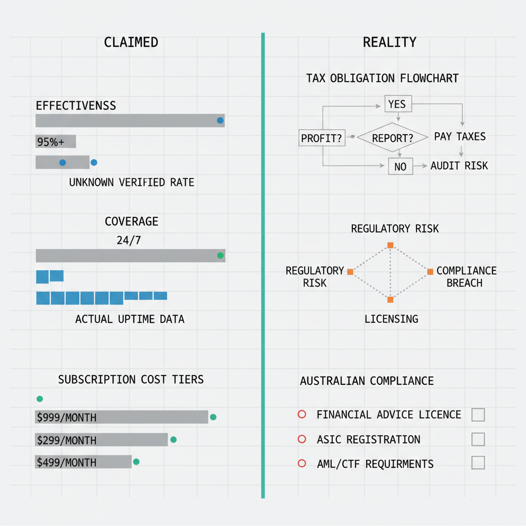 Data visualization comparison chart showing CryptoAlgo claims versus actual performance metrics and Australian tax/regulatory requirements
