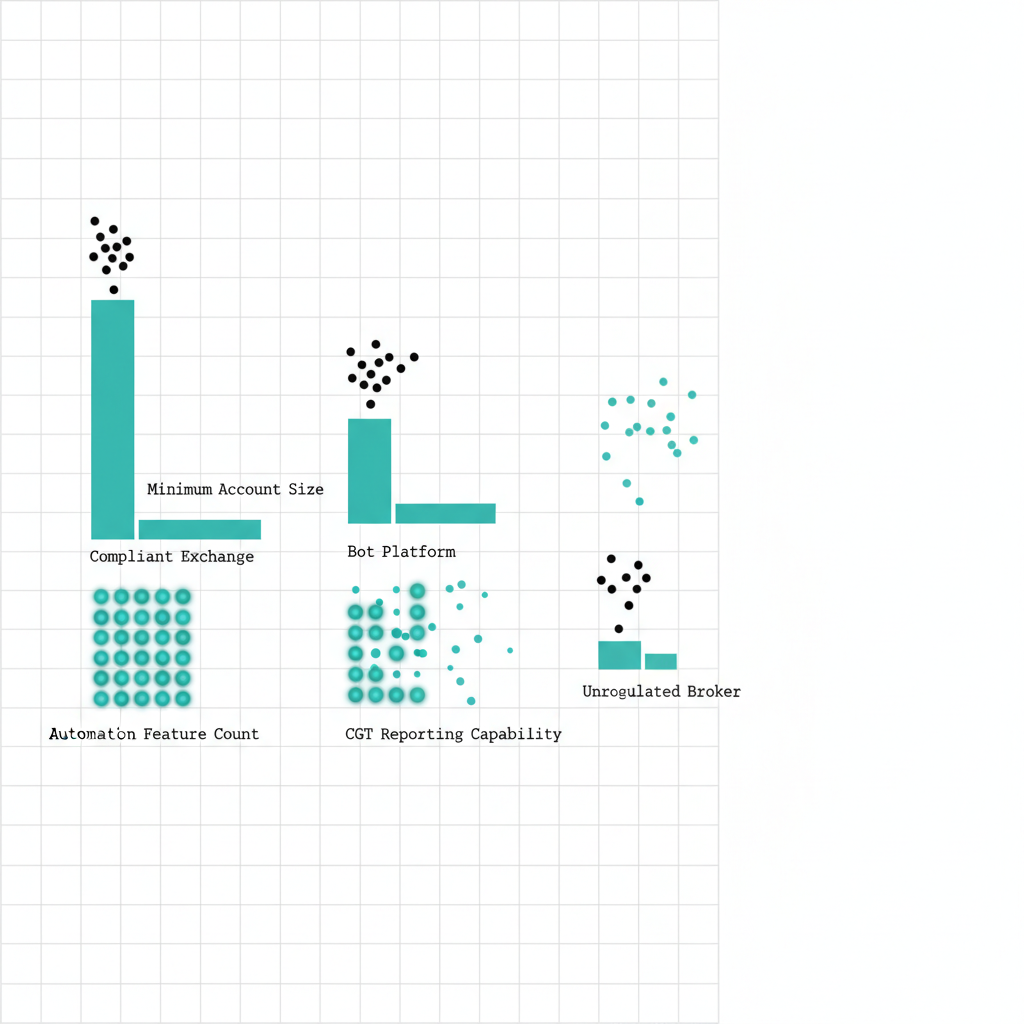 Data visualization comparison chart of Australian crypto algo trading platforms across AFSL compliance, CGT reporting, account minimums, and automation features