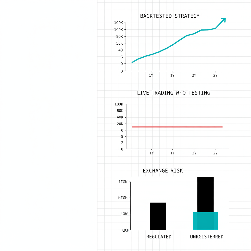 Data visualisation comparing backtested algo strategies versus untested trading and regulatory compliance outcomes
