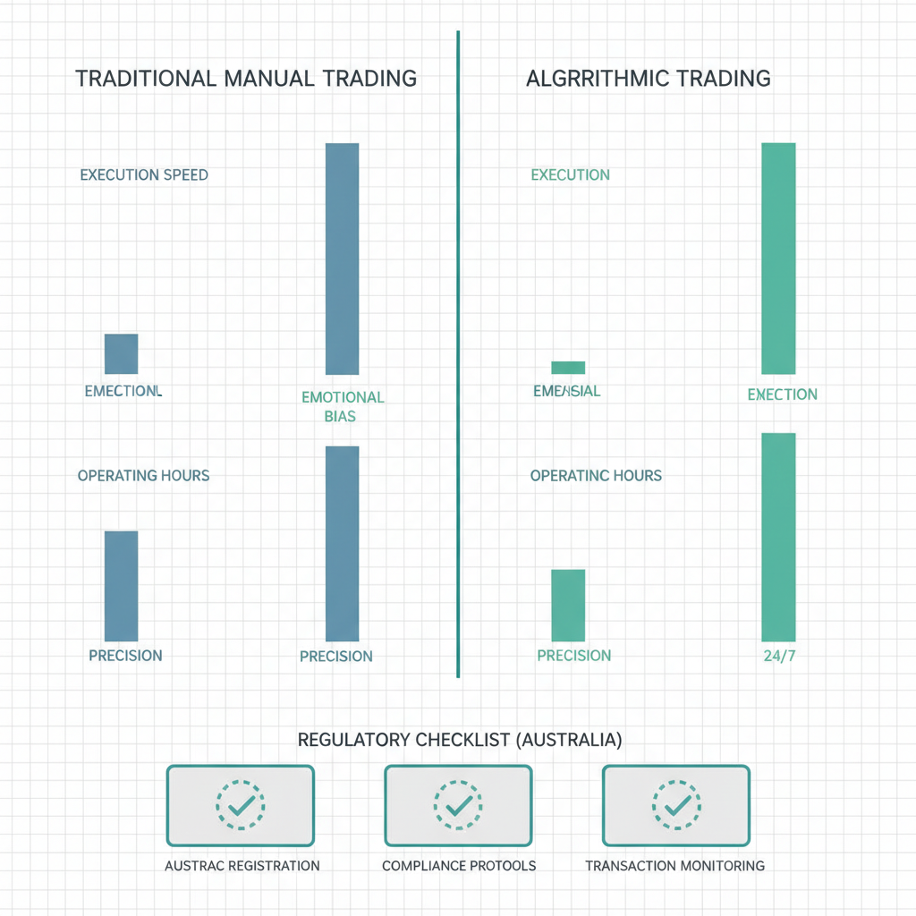 Data visualization comparison chart contrasting manual trading versus algorithmic trading across execution speed, emotion, availability, precision, and regulatory compliance metrics